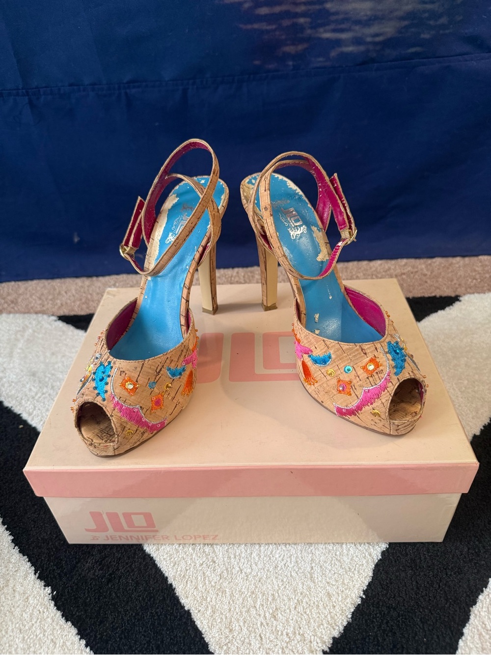 Jennifer Lopez Cork Peep-Toe Heels with Pink & Blue Embroidery